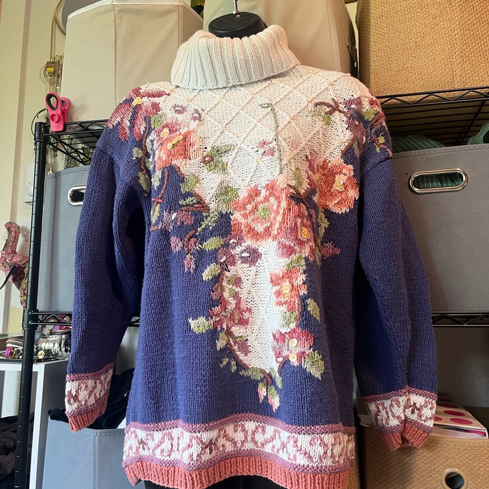 Handmade Turtleneck Floral Knit Sweater - Purple, Pink